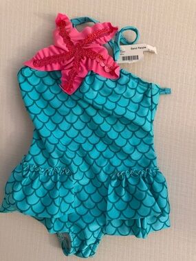 Girls' Turquoise Mermaid One-Piece Bikini with Pink Starfish